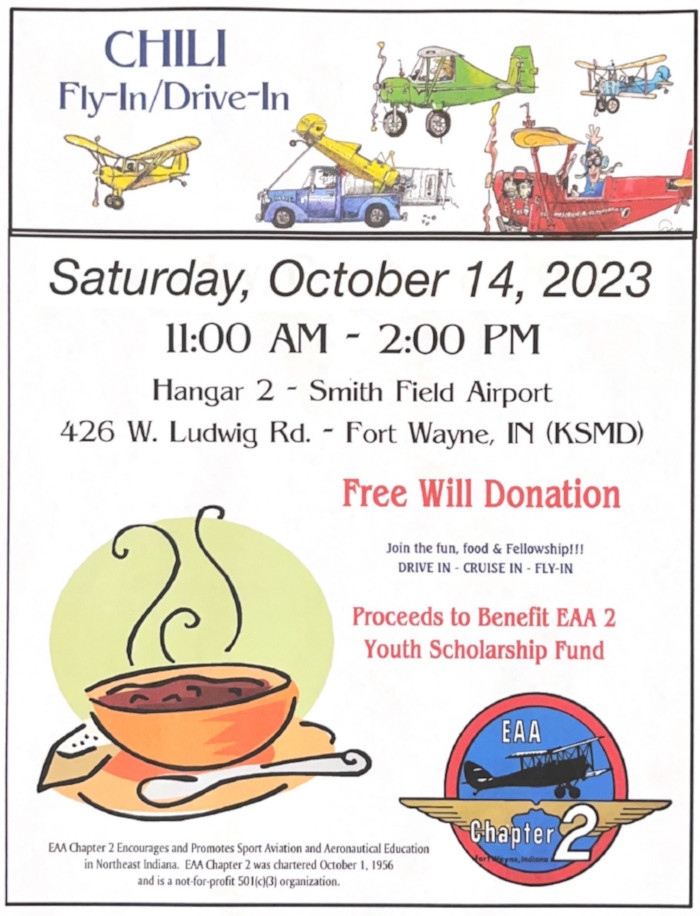 Chili Lunch Fly-in/Cruise-in at Smith Field October 14, 2023